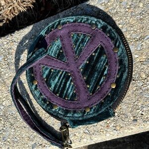Lucky Brand Teal Velvet Round Wristlet with Purple Peace Sign Studs